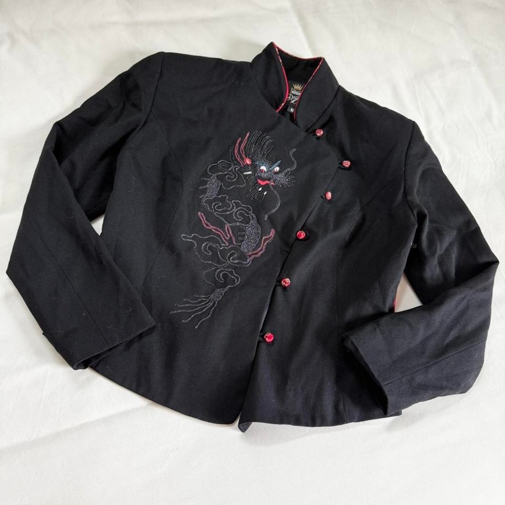 90s black mandarin collar‎ dragon embroidered High Drama size 10